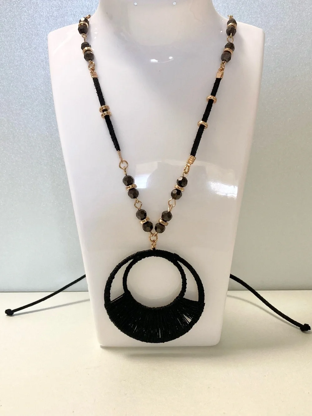 Versano Black Thread Fringe Circle Pendant preloved cord bead Necklace Jewelry